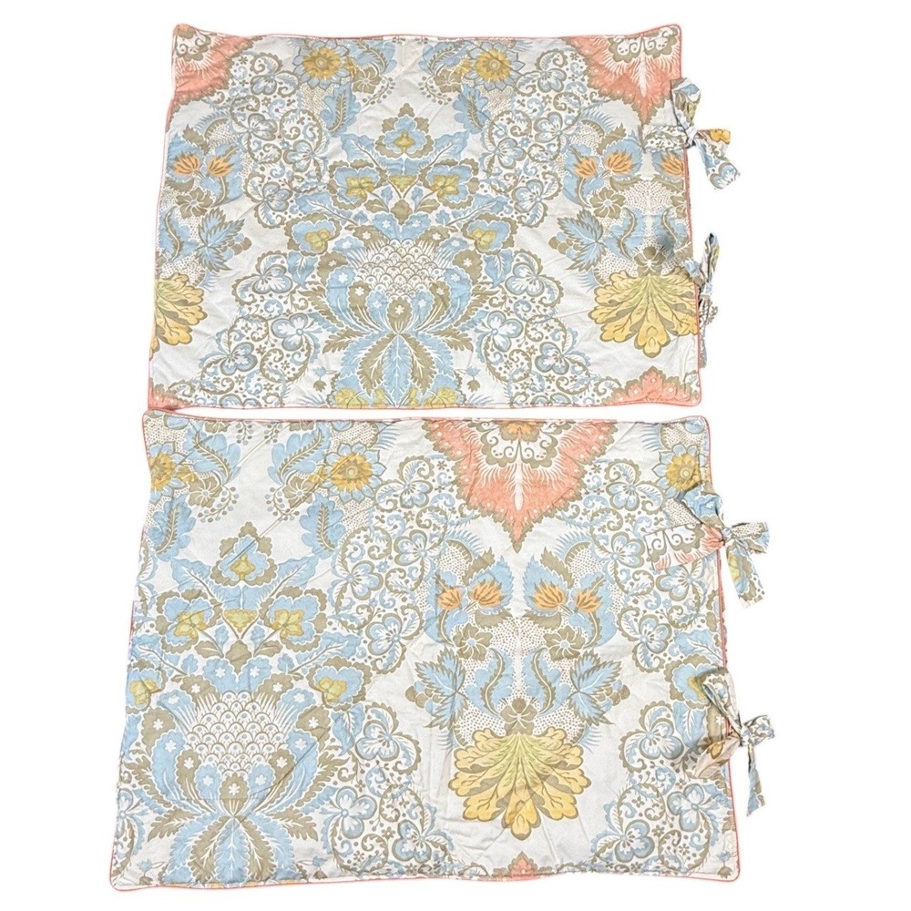 Pottery Barn Quilted Floral Paisley Damask Tie Sham Set 2 Blue Peach 2013 Boho